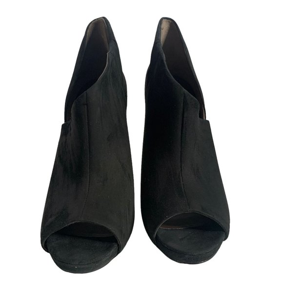 BCBG Suede Leather Peep Toe Bootie High Heels Womens Size 9.5B Black Ankle Boot - Picture 3 of 9